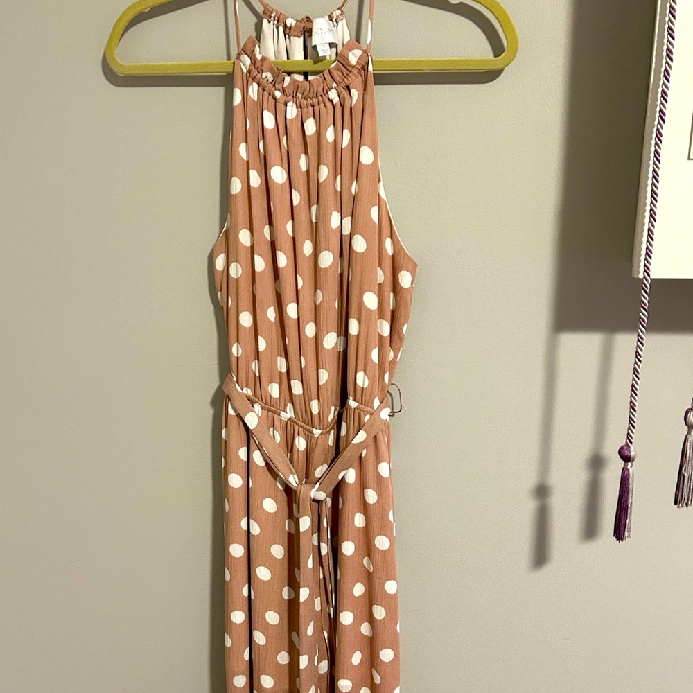 Jumpsuit Sz medium. Mauve/beige w/white polka dots. Sleeveless, elastic waist.